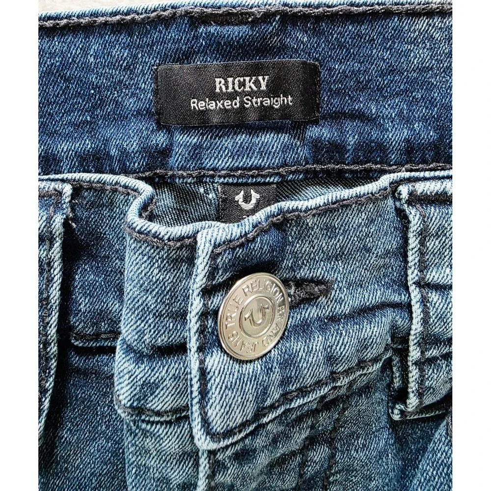 True Religion Mens 33X26 Ricky Relaxed Straight Blue Jeans Medium Wash Denim